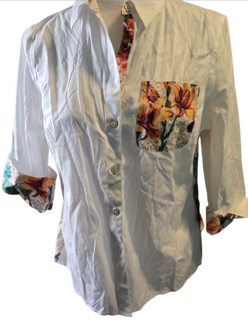 Chico's White Button-Down Shirt with Floral Pocket & Trim